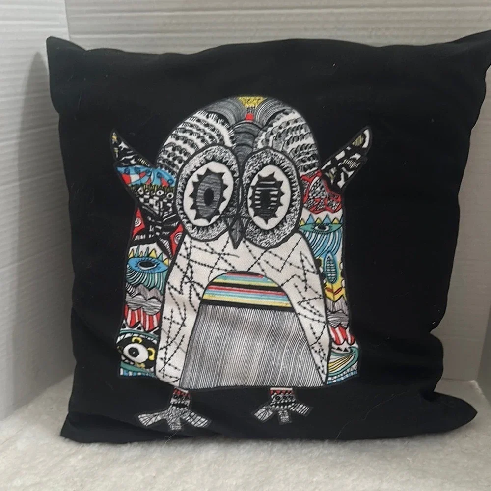 Psychedelic Owl Decorative Throw Pillow Black Canvas Boho Abstract Art Accent